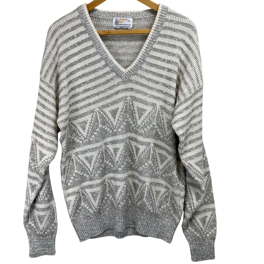 VTG 90s London‎ Fog Mens V Neck Geometric Stripe Knit Sweater Size L Grandpa
